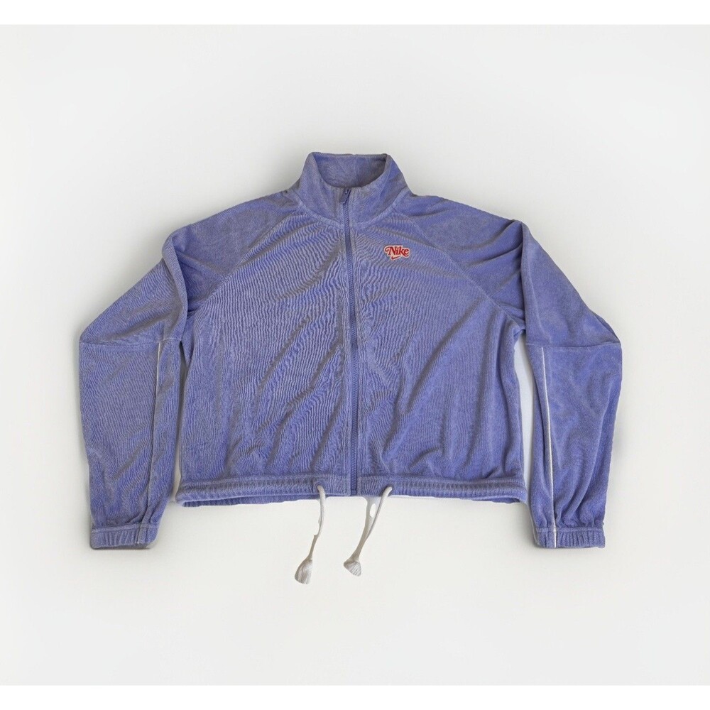 Nike Jacket Women Sz L Retro Purple Terry Cloth Zip Up Cropped Waist Drawstring